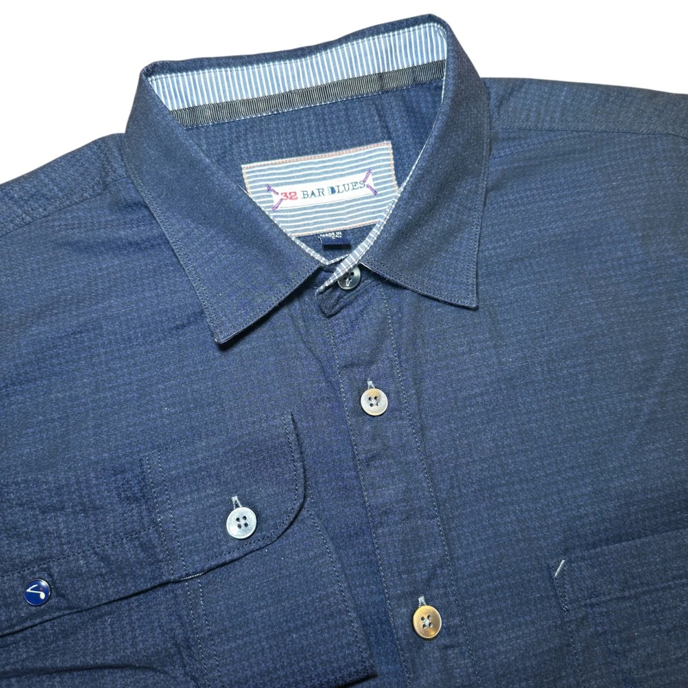 32 Bar Blues Mens L Navy Blue Cotton Long Sleeve Button Down Shirt Pocket Casual